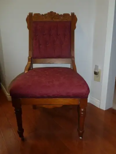 This chair has been in the family for over 100years. The chair has been reupholstered with wine dama...