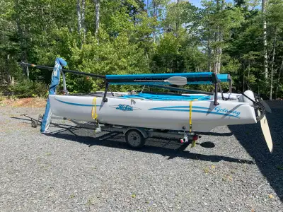 Hobie Cat Getaway with wing seats. Stored inside. Hull Construction: Rotomolded Polyethylene. Galvan...