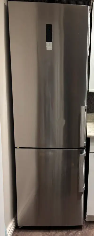 Stainless steel fridge, stove, microwave, View more