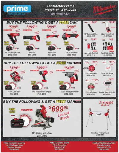 Milwaukee & Dewalt Promos at Prime Fasteners & Tools Winnipeg, View more