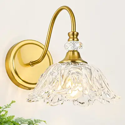Gold Wall Sconce with Hand-Blown Floral Clear Crystal Shade, View more