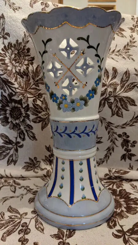 Lovely Tall Vase Blues and White with Gold Trim