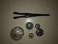 Vintage trinket boxes and an ebony glove stretcher