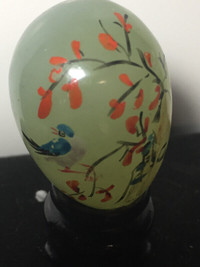 Vintage 1.5" Jadeite Green Jade Hand Painted Egg Bird and Flower