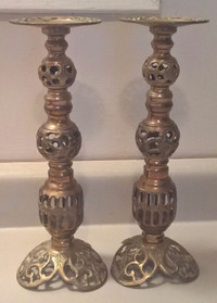 Vintage Brass Pierced Ornate Filigree Candlesticks