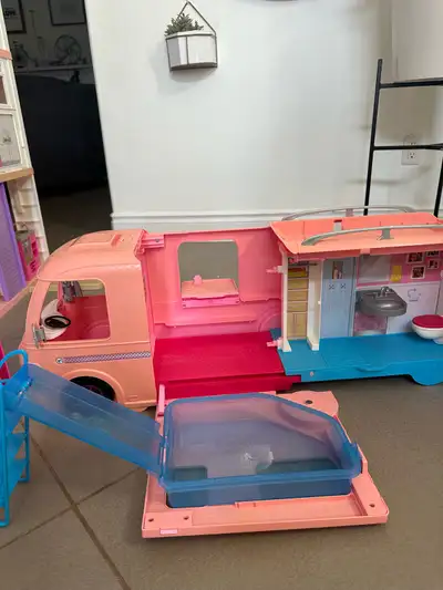 Barbie camper van comes with all accessories. Sells new in amazon for $218z selling for $50.