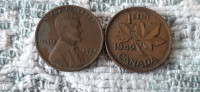 1942 D US and 1942 Canadian Pennies
