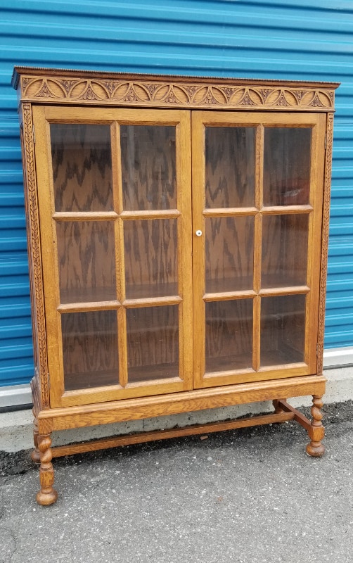 Edwardian oak display 2 glass pane door 2 shelves c1905 Hutches & Display