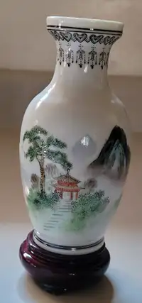 Vintage Chinese Famille Rose Temple Scene Miniature Vase