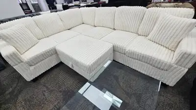 White Corduroy Sectional Sofa with Ottoman, View more
