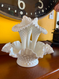 Vintage Fenton White Milk Glass Hobnail Epergne Ruffled Vase