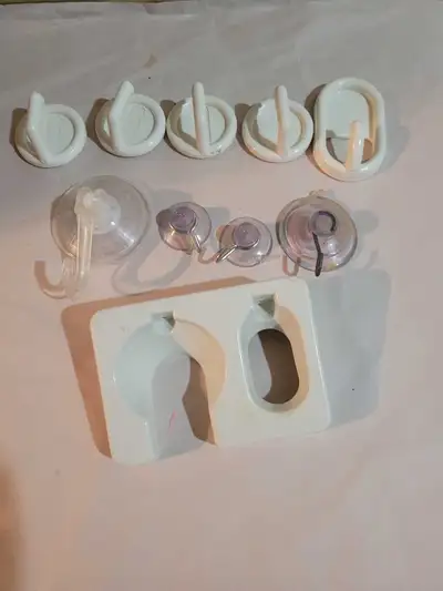 Stick on hooks, suction hooks and screw on broom/ tool holder, View more