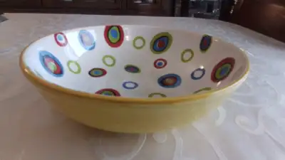 NEW, YELLOW PORCELAIN VEGETABLE BOWL - MULTI-COLOURED CIRCLES, View more