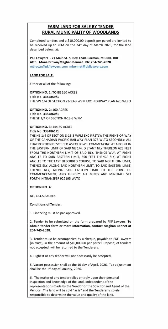 Farmland for Tender - Rural Municipality of Woodlands