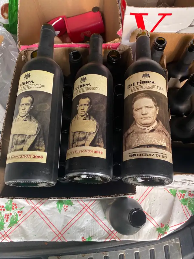  empty wine bottles - Crimes Shiraz wine bottles 