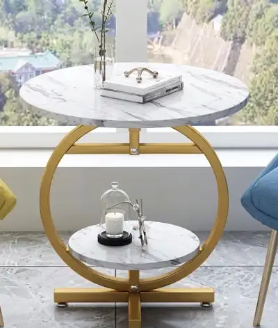 Modern 2-Tier Round Side Table with White Wood Marble Finish , View more