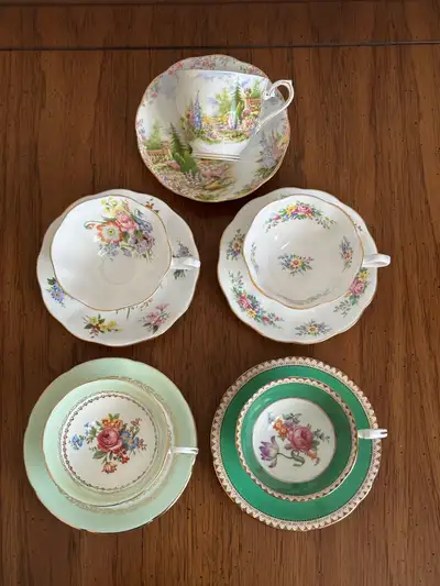 Beautiful vintage English bone china teacup and saucer sets from brands like Royal Albert, Royal Gra...