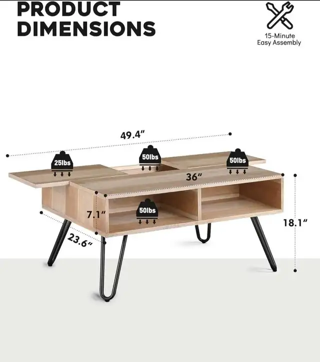  Coffee Table for Living Room, Slide Top Coffee Tables, Rustic N in Coffee Tables in City of Montréal - Image 4