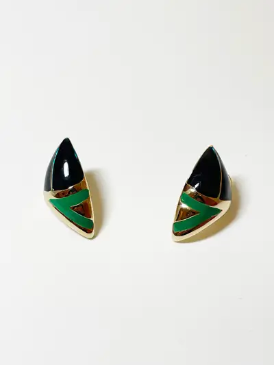 Vintage 80s/90s GoldTone/Black/Green Geometric Earrings, View more