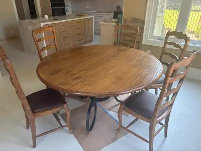 solid custom wood table 60” round/6 chairs, View more