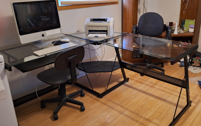 Glass Top L Shaped Computer Desk with Computer Keyboard. in Desks in North Bay