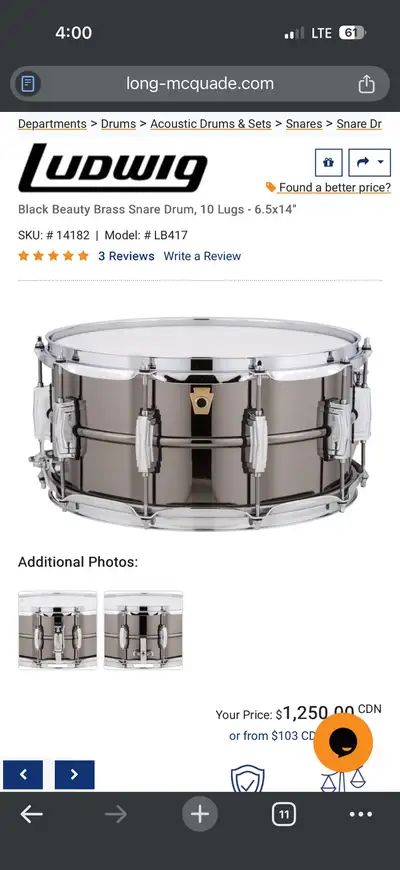 Ludwig Black Beauty Snare Drum REDUCED, View more