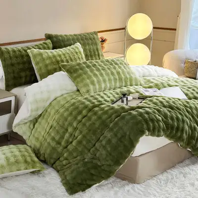 Fluffy Faux Rabbit Fur Duvet Cover Set Queen Size Green, Luxury, View more