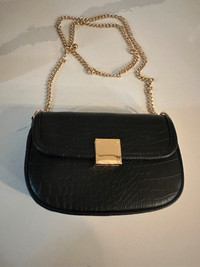 Black Faux Crocodile Shoulder Bag with Gold Chain Strap