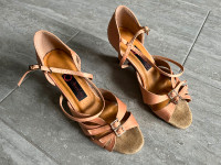 Dance Shoes. Size 9.5. 3-inch heel. Satin. Light peach colour