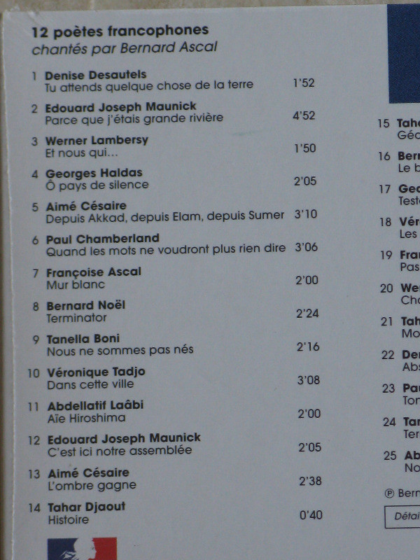 CD NEUF 12 POÈTES FRANCOPHONES CHANTÉS BERNARD ASCAL dans CD, DVD et Blu-ray  à Longueuil/Rive Sud - Image 4