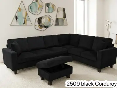 Black Corduroy Sectional Sofa with Storage Ottoman, View more