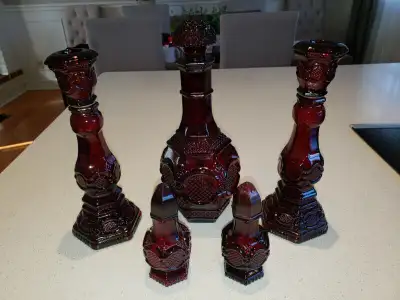 Avon, Ruby Red decanter, perfume bottle/ candle holders, salt and pepper shakers. $55.00 obo