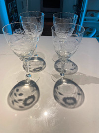 Set of 4 - Etched Crystal Wine Glasses