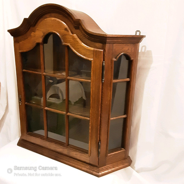Vintage Solid Wood & Glass Locking Wall Curio w/Key Hutches