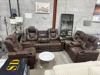 Brown Leather Power Reclining Sofa and Loveseat Set, View more