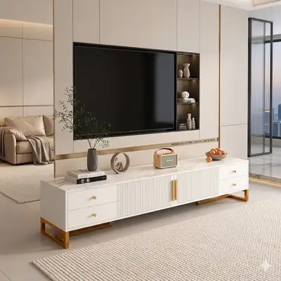 Modern White Marble Top TV Stand Console Gold Accents 140*30*40cm ✅ Brand New – Sealed in Box Pickup...