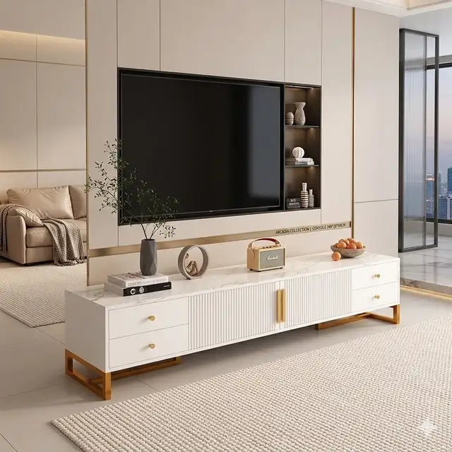 Modern White Marble Top TV Stand Console Gold Accents 140*30*40c in Hutches & Display Cabinets in Mississauga / Peel Region - Image 2