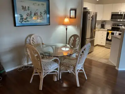 Rattan Glass top table and Chairs, View more