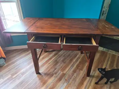 Bar Height table 2 dropdown Leaf's, 3 stools, and 4 drawers., View more