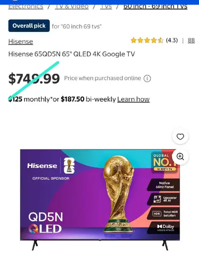 New Hisense 65QD5N 65" QLED 4K Google TV, View more