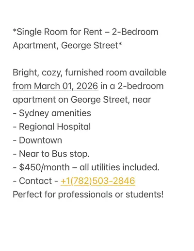 Bright, cozy, furnished room available from March 01, 2026 in a 2-bedroom apartment on George Street...
