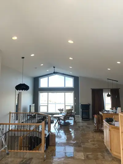Popcorn Ceiling removal and Lighting / Drywall repair/texture, View more
