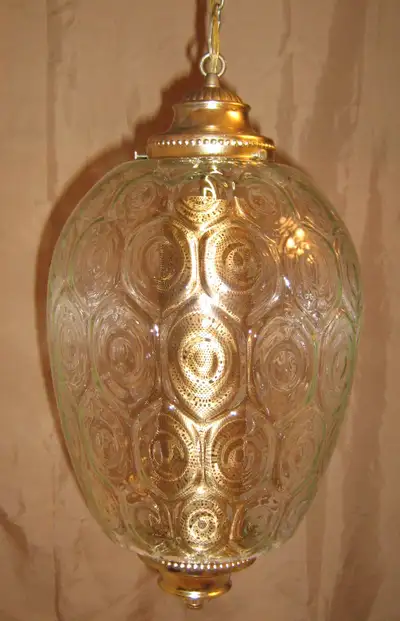 Vintage MCM Large Bubble Glass Beehive Shape Hanging Swag Lamp, View more