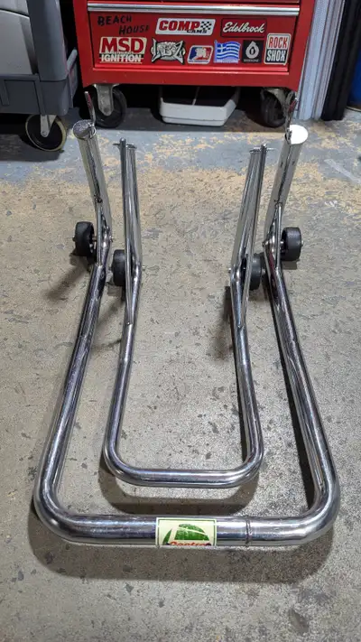 Hindle Front & Rear Motorcycle Stands $100 for both, or trade for mini Aluminum MX stand for pit bik...