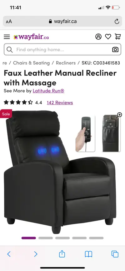 Never used Latitude Run black massaging chair with recliner. From Wayfair. Includes remote control....