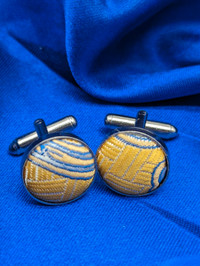 Gold and Blue Fabric Cufflinks, Round, Silver Tone