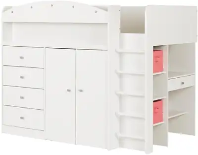 South Shore Furniture Tiara Pure White Twin Loft Bed with Desk, View more