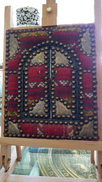 Tribal Moroccan Mini Door/Window.  Carpeted Frame w/Brass Stud