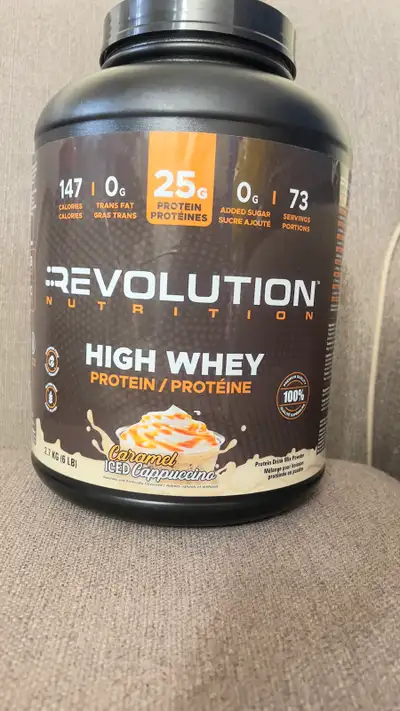 I'm selling a 2.7 kg (6 lb) container of Revolution Nutrition High Whey protein in Caramel Iced Capp...