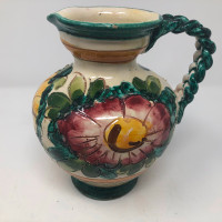 Vintage Italy Handpainted Pottery Pitcher Braided Handle